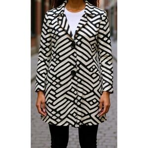 Joseph Ribkoff Size 14 Black & White Geometric Leatherette Mesh Collared Jacket